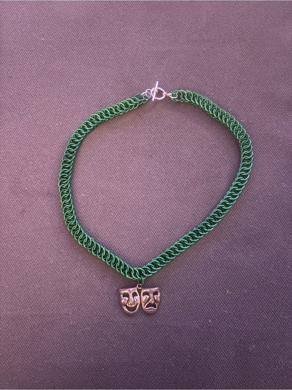 Green Chainmaille Necklace with Theatrical Mask Pendant
